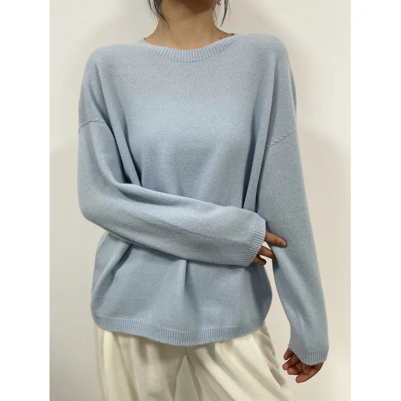 Autumn Winter 100% Pure Wool Seamless Sweater Women Round Neck Loose Soft Basic Knitted Pullovers