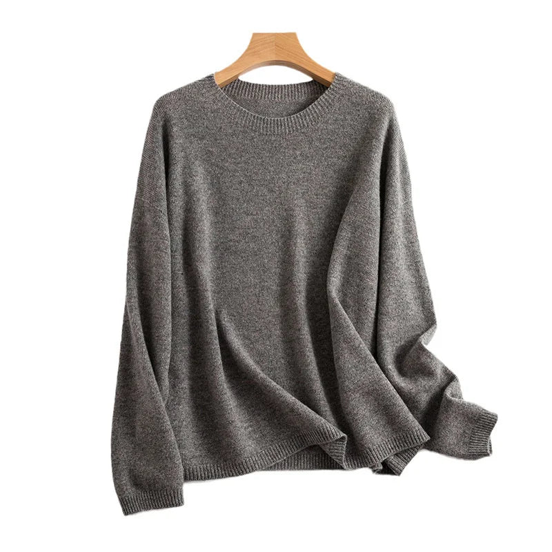 Autumn Winter 100% Pure Wool Seamless Sweater Women Round Neck Loose Soft Basic Knitted Pullovers