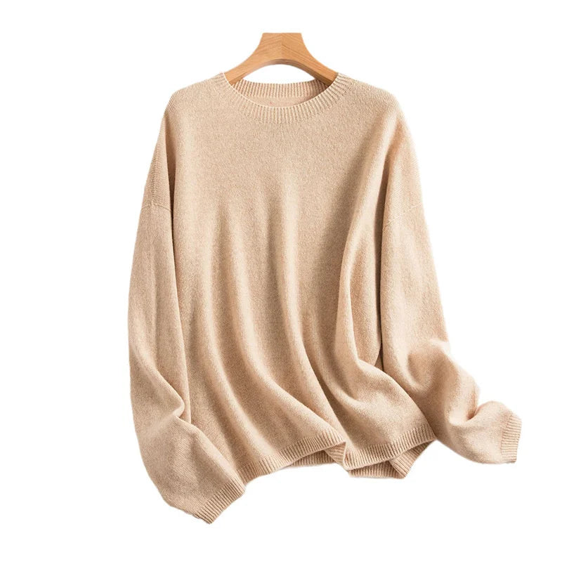 Autumn Winter 100% Pure Wool Seamless Sweater Women Round Neck Loose Soft Basic Knitted Pullovers