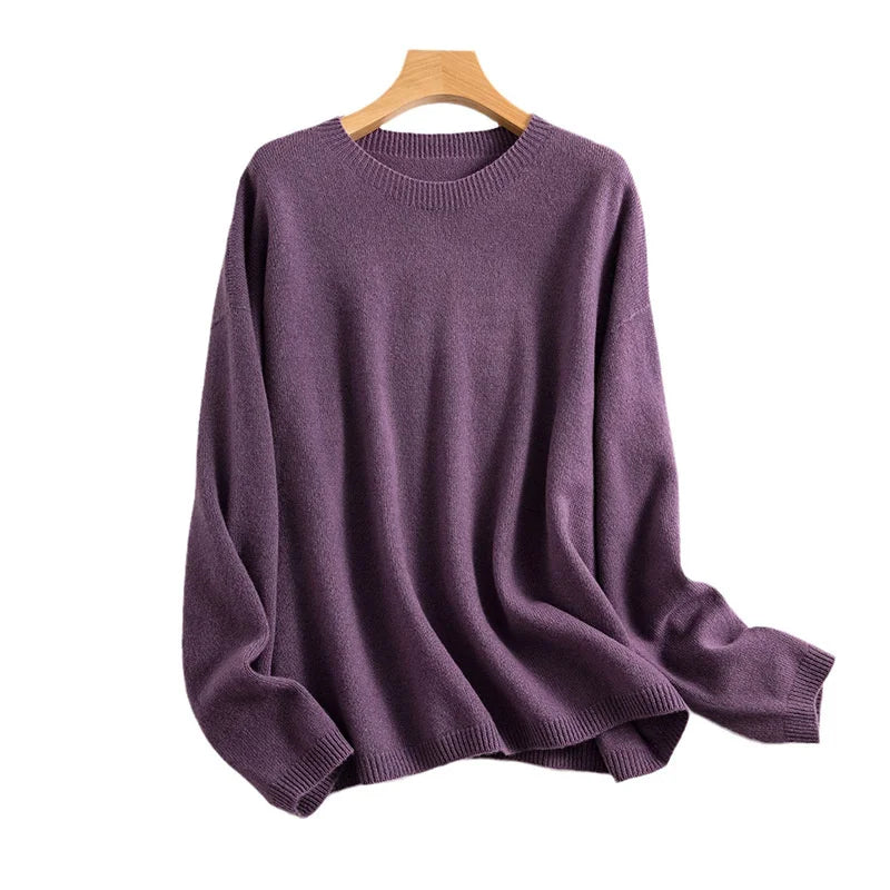 Autumn Winter 100% Pure Wool Seamless Sweater Women Round Neck Loose Soft Basic Knitted Pullovers