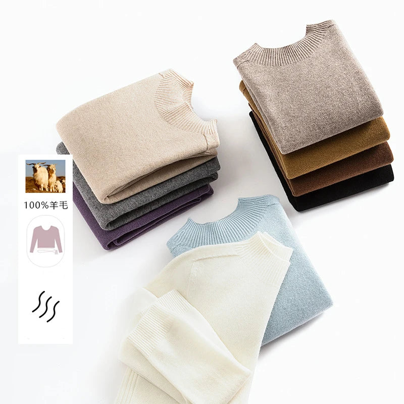 Autumn Winter 100% Pure Wool Seamless Sweater Women Round Neck Loose Soft Basic Knitted Pullovers