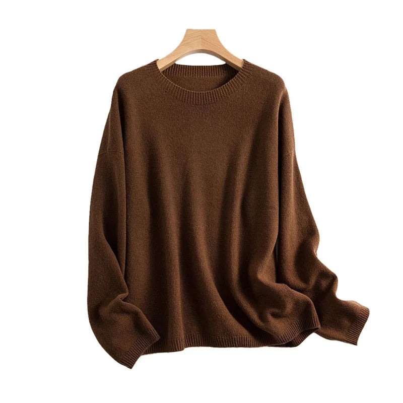 Autumn Winter 100% Pure Wool Seamless Sweater Women Round Neck Loose Soft Basic Knitted Pullovers