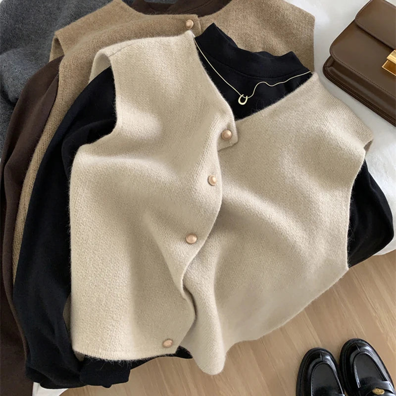 Autumn New Women Cardigan Korean Elegant Knitted Sleeveless Female Casual Sweater Tanks Fashion New Slim Ladies Casual Tops