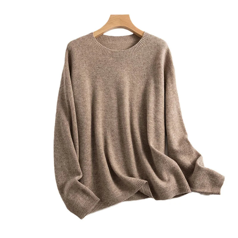 Autumn Winter 100% Pure Wool Seamless Sweater Women Round Neck Loose Soft Basic Knitted Pullovers