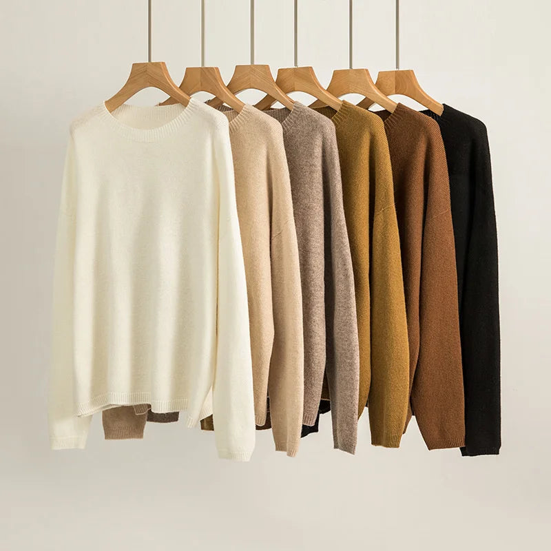 Autumn Winter 100% Pure Wool Seamless Sweater Women Round Neck Loose Soft Basic Knitted Pullovers