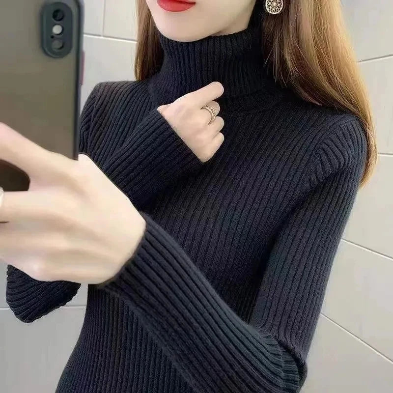 Turtleneck Pullover Sweater Jacket Women's Interior Autumn Winter 2023 NewThicke Slim Long Sleeve Knitted Bottoming Shirt Tops