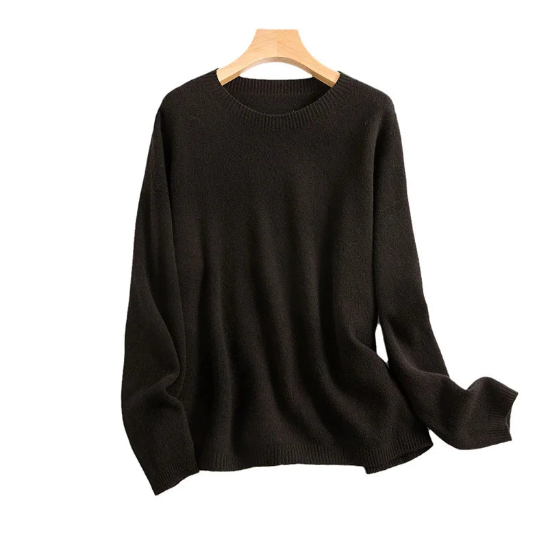 Autumn Winter 100% Pure Wool Seamless Sweater Women Round Neck Loose Soft Basic Knitted Pullovers