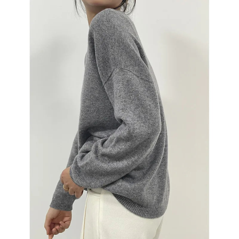 Autumn Winter 100% Pure Wool Seamless Sweater Women Round Neck Loose Soft Basic Knitted Pullovers