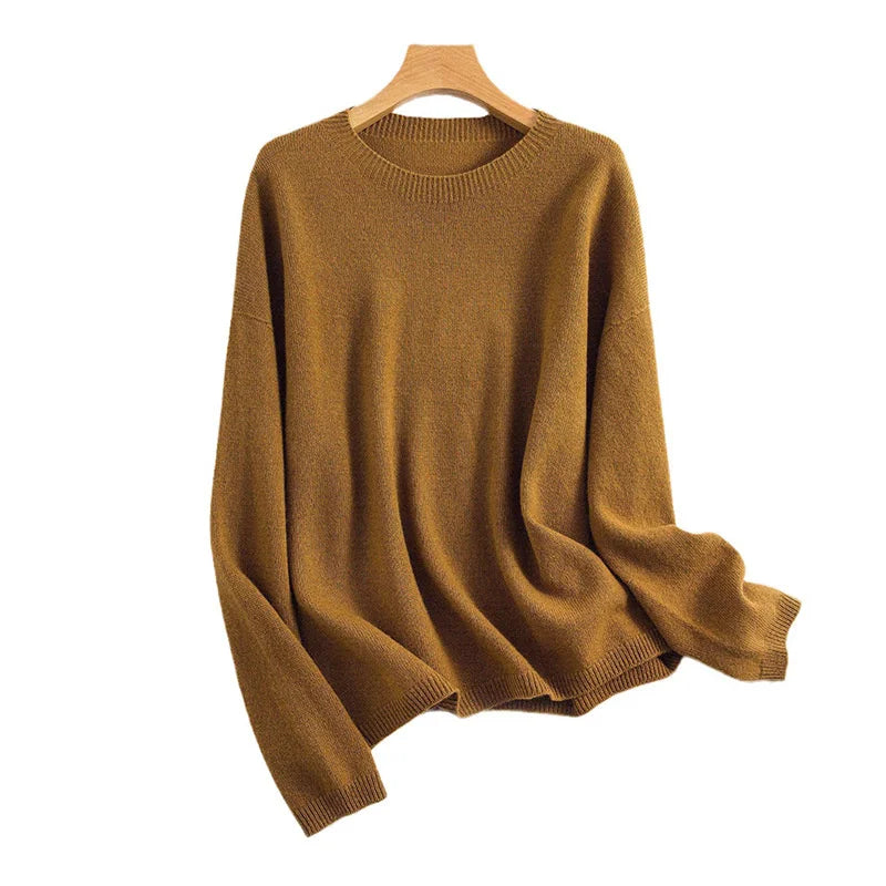 Autumn Winter 100% Pure Wool Seamless Sweater Women Round Neck Loose Soft Basic Knitted Pullovers