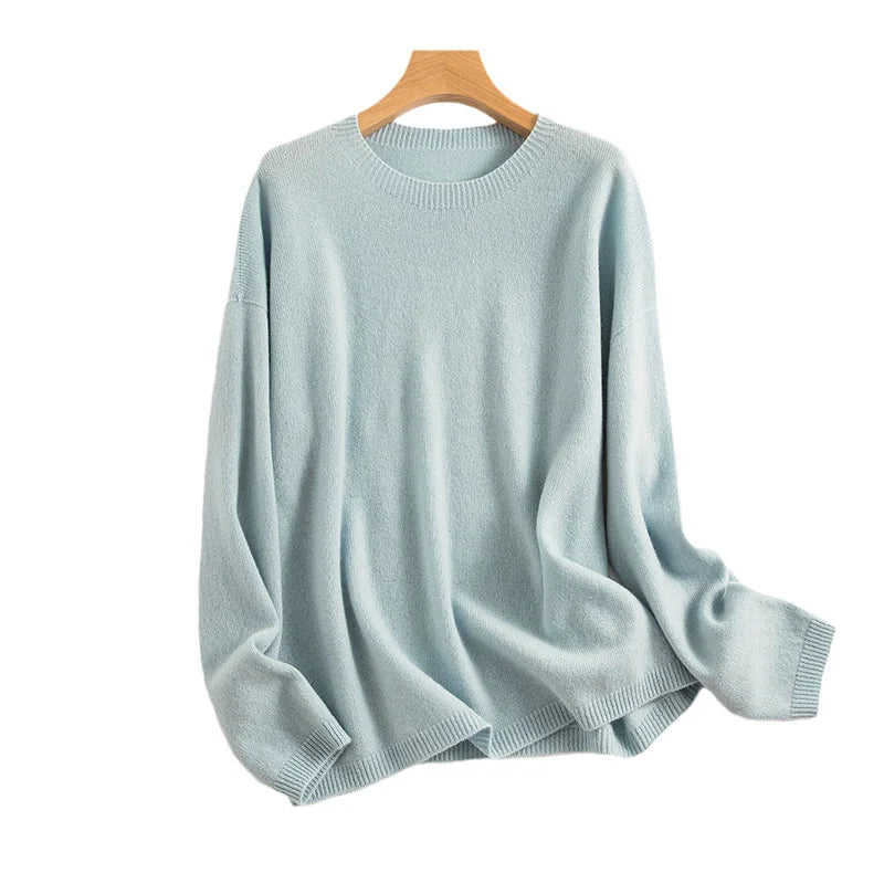 Autumn Winter 100% Pure Wool Seamless Sweater Women Round Neck Loose Soft Basic Knitted Pullovers